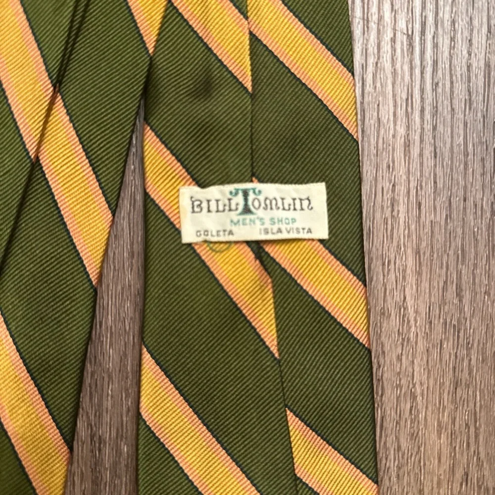 Vintage bill tomlin Olive and Yellow Striped Men's Tie - Picture 4 of 6